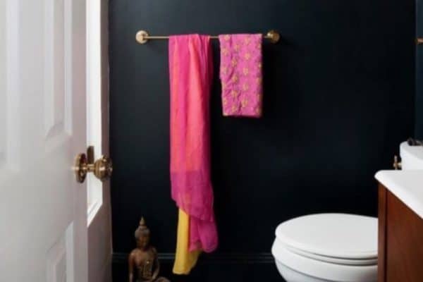 Love this bathroom shot. The dark walls make the coloured towels stand out and the beautiful tiled floor looks fantastic ?

Pic by Breeze Giannasio Interiors